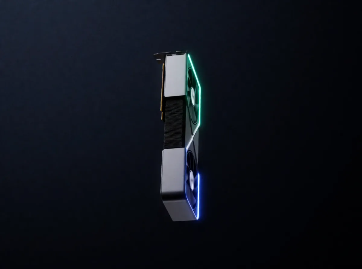 A GeForce RTX card standing edge-on against near-black, its edges rimmed in green and blue light