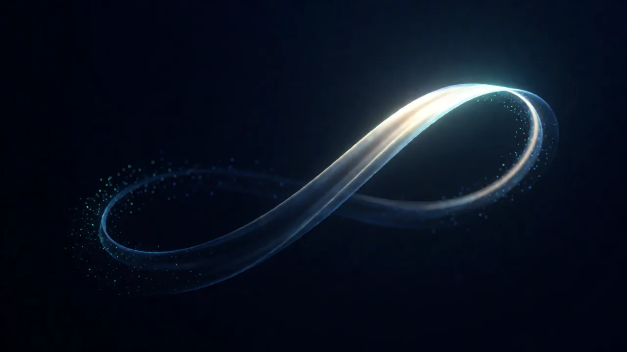 A ribbon of light looping out into darkness and returning to where it started, trailing teal particles