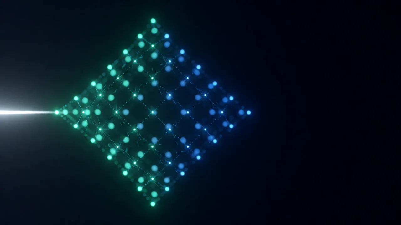 A single beam of light entering from outside the frame and lighting up an ordered lattice of teal and blue nodes