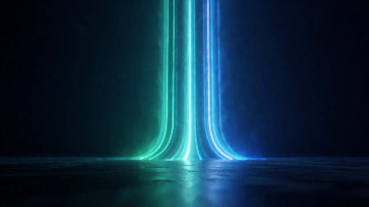 Several streams of teal and blue light converging into one bright line at a dark reflective floor