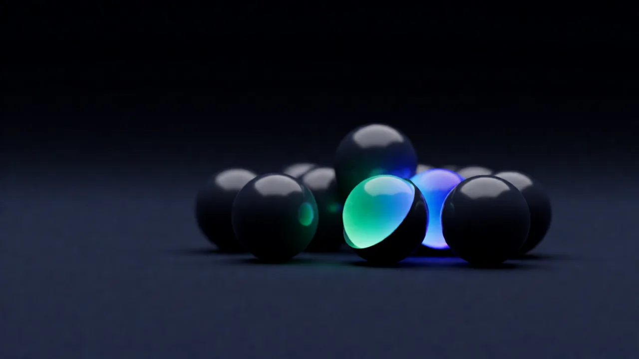 A cluster of dark polished spheres, one of them open and spilling teal and blue light