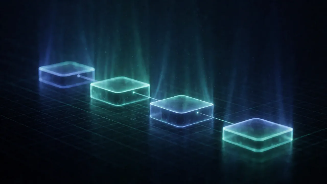 Four glass platforms stepping down in sequence across a dark grid floor, joined by a thin thread of light