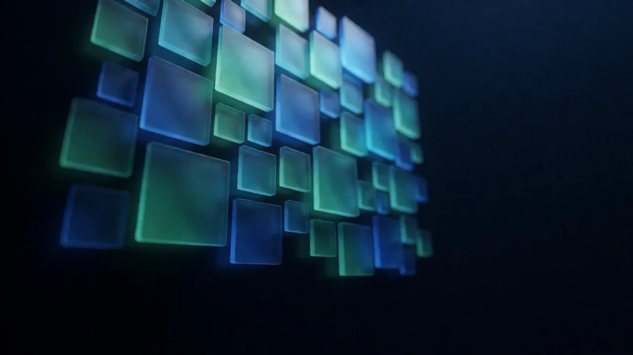 A wall of floating translucent tiles of different sizes, each glowing a different shade of teal and blue