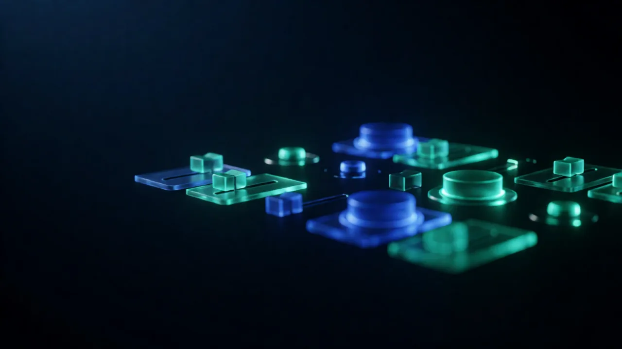 Glass sliders, knobs and small panels glowing teal and blue, laid out on a dark surface
