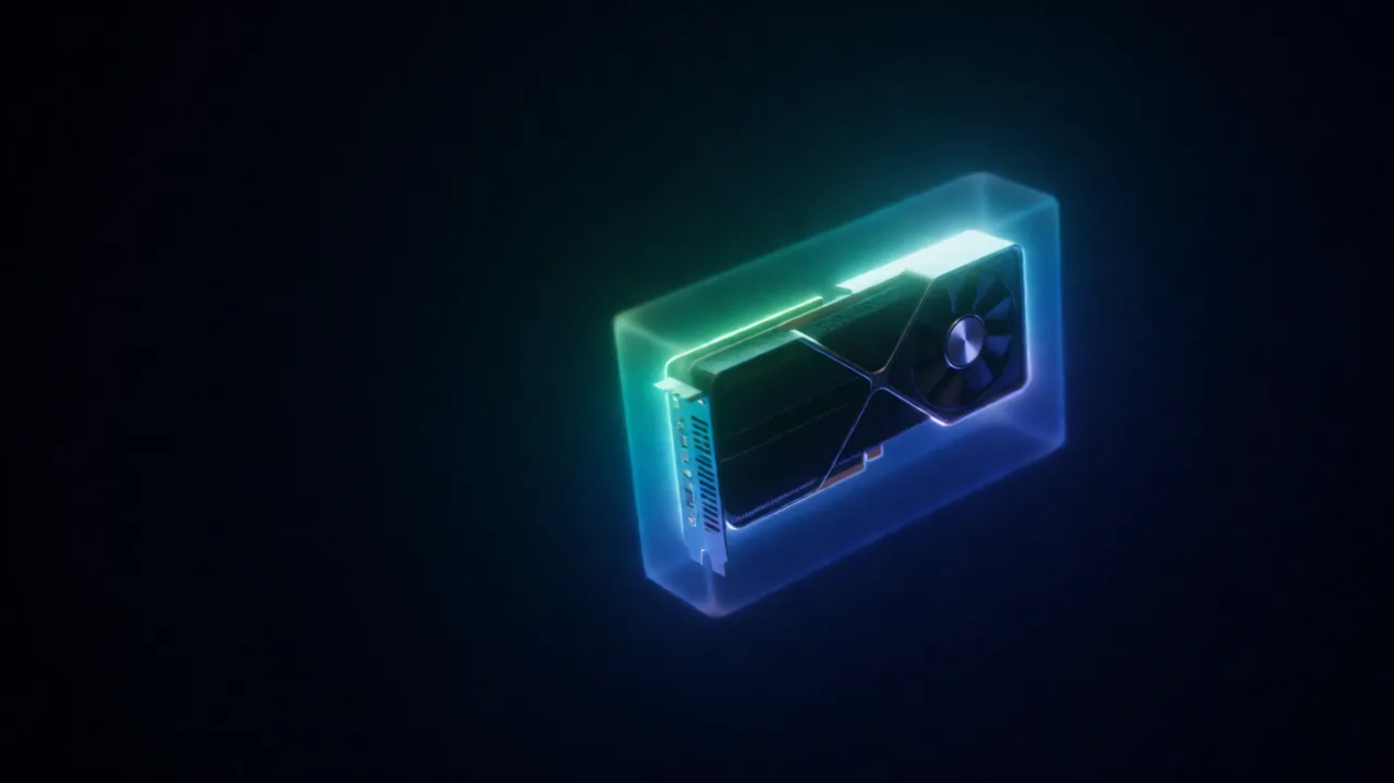 A single graphics card sealed inside a glowing block of glass, lit in teal and blue against near-black