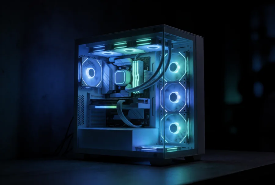 A desktop PC with a glass side panel, interior lit in blue and teal