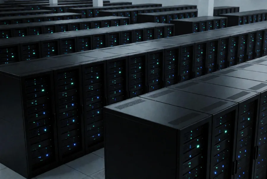 A wide view of a data center hall with long rows of server cabinets