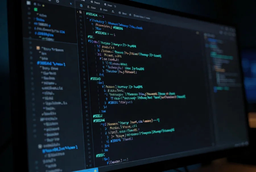 A dark-themed code editor glowing with teal and blue syntax highlighting