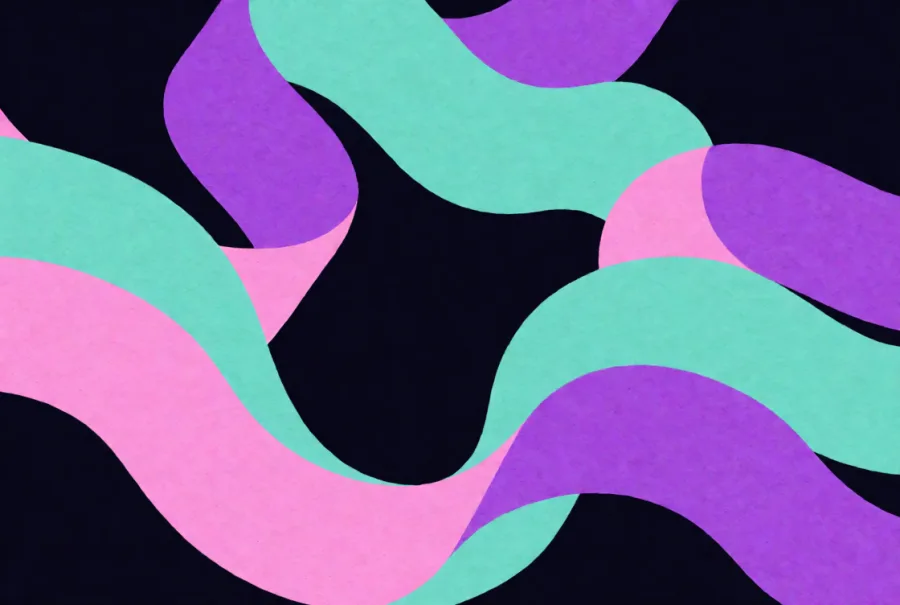 A flat paper-cut illustration of flowing wave ribbons in violet, pink and teal