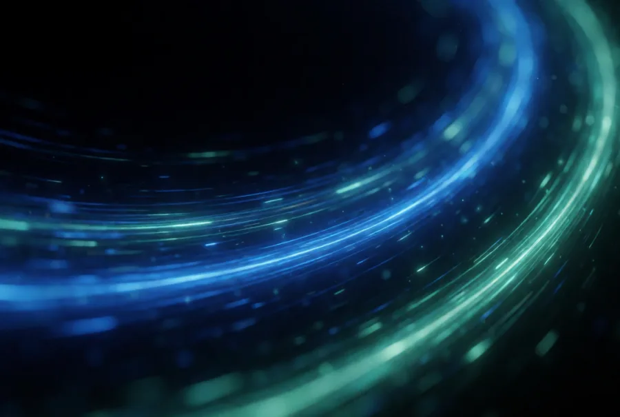 Long-exposure streaks of blue and teal light