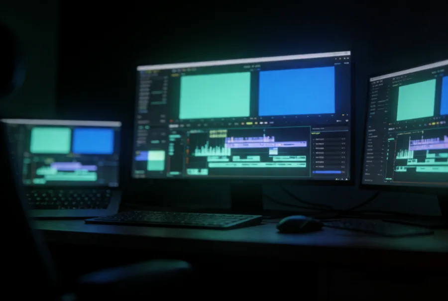 A video editor's dark desk with several monitors showing a timeline and color grade