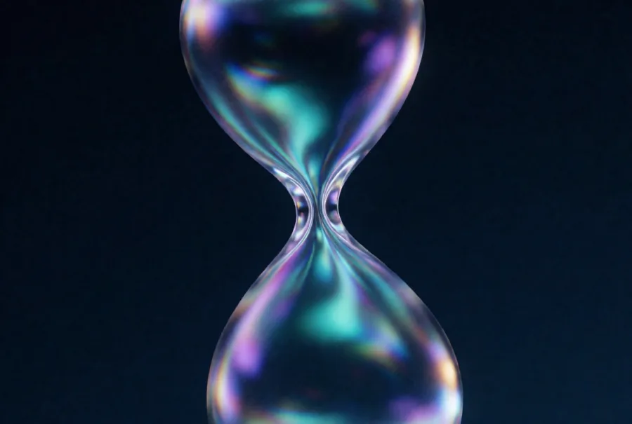An hourglass of iridescent glass, its surface shifting from green to violet, against dark navy