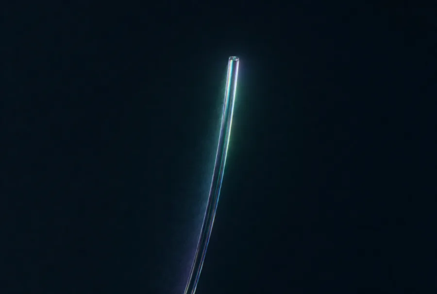 A single strand of glass curving up out of the dark, catching a thin band of iridescent light