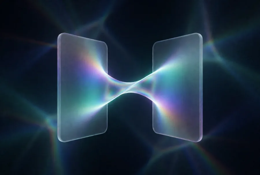 Two glass panels facing each other with a bright, waisted bridge of light stretched between them