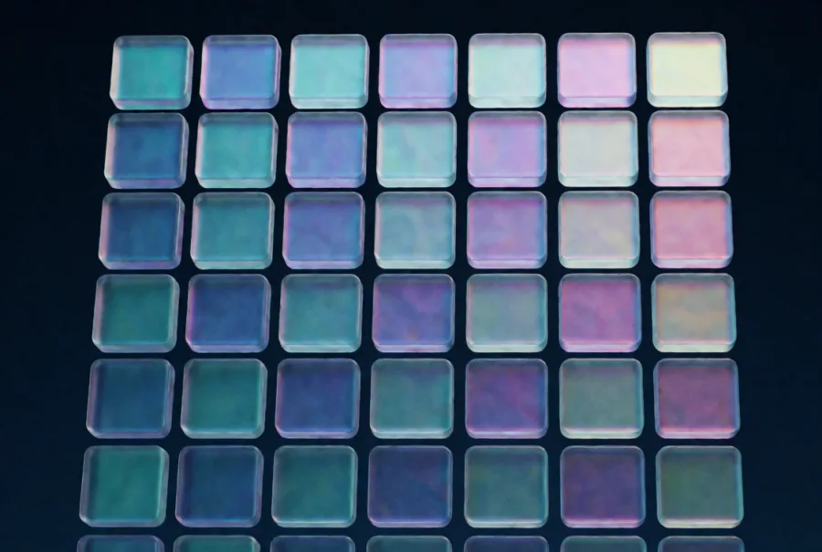 A grid of iridescent glass tiles, each catching a different shade of teal, violet or pink