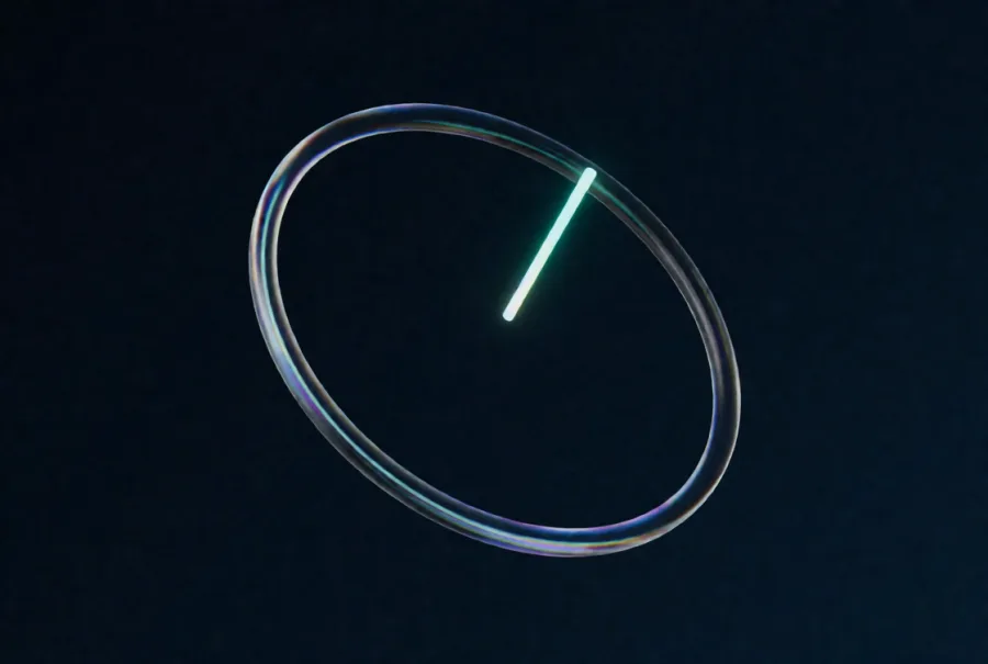 A thin ring of iridescent glass tilted in the dark, one short bright teal mark inside it like a single clock hand
