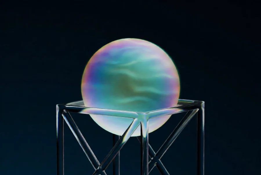 An iridescent frosted sphere resting on an open cage of clear glass struts
