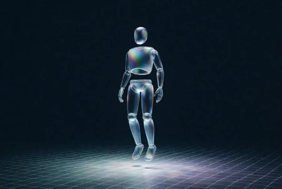 A translucent glass figure hovering above a faintly lit grid floor