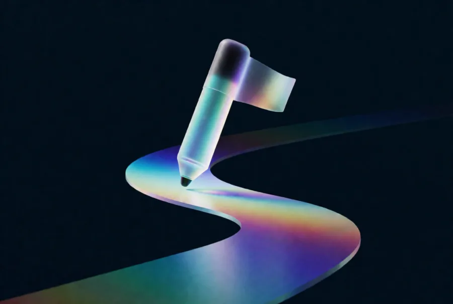 A frosted glass marker standing on a winding ribbon path that shifts through the whole spectrum