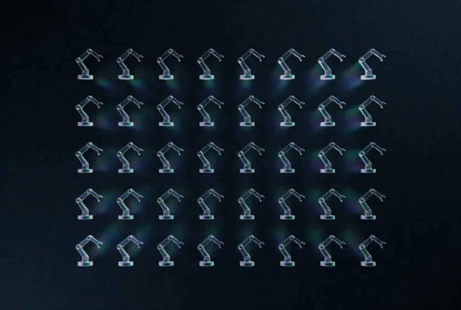 A grid of forty identical robot arms cut from clear glass, each on its own faintly lit base
