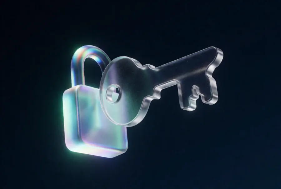 A padlock and key cut from clear iridescent glass, floating against dark navy