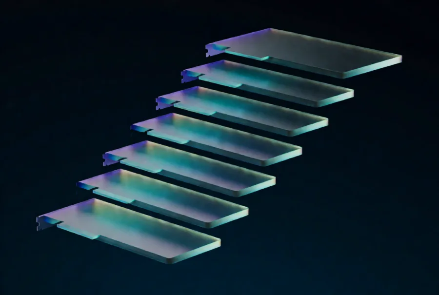 A staircase of identical glass slabs stepping up into the dark, each washed with teal and violet