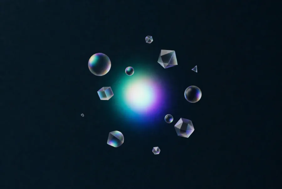 Small glass spheres, cubes and polyhedra floating around a bright teal and violet core