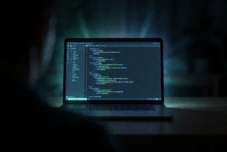 A laptop showing a dark code editor in a dim room