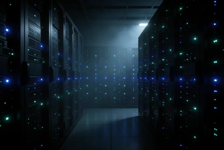 Rows of dark server racks in a data hall, status LEDs in teal and blue