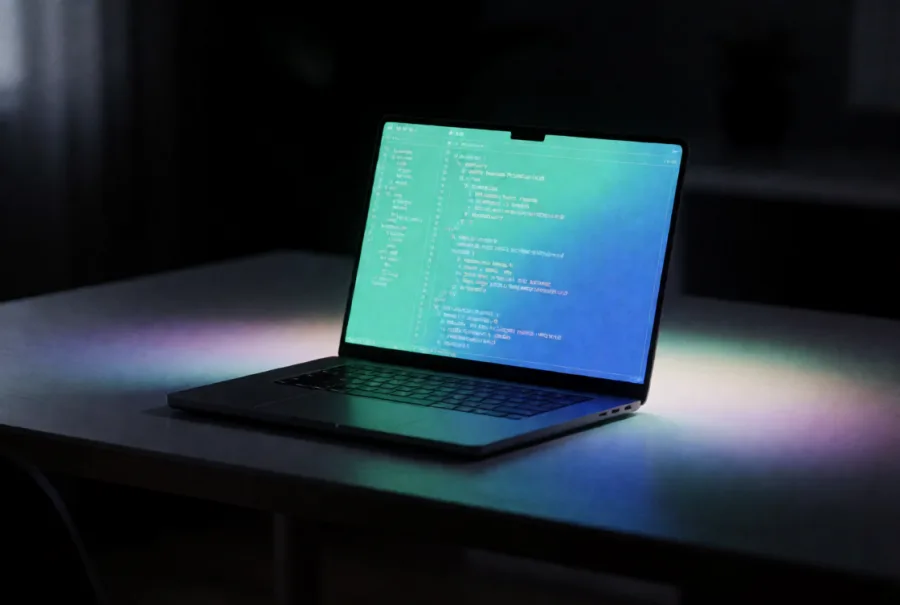 A laptop on a dark desk with a code editor glowing in teal and blue