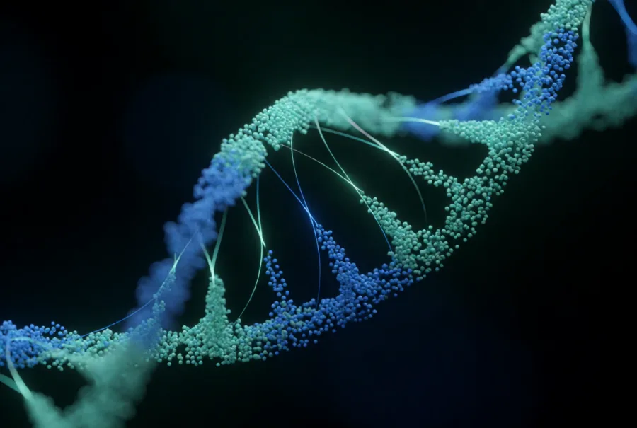 An abstract render of a DNA double-helix built from glowing teal and blue particles