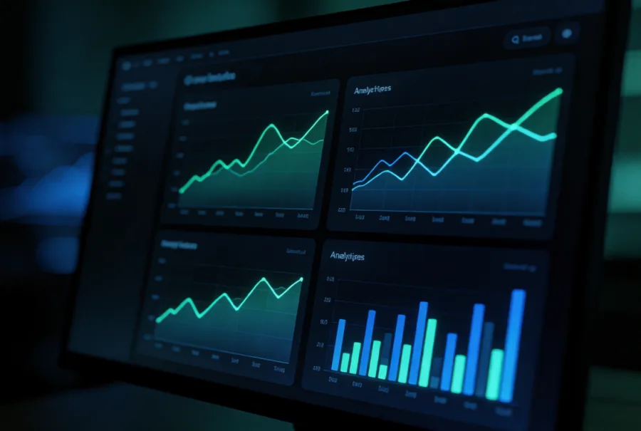 A dark analytics dashboard with line and bar charts glowing in teal and blue
