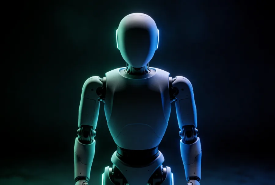 A matte white humanoid robot rim-lit in teal and blue