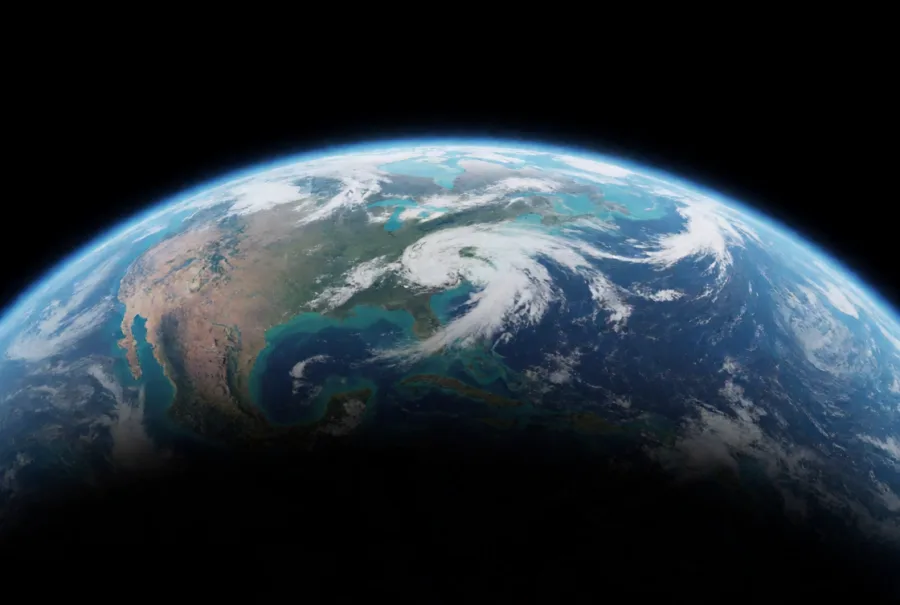 The Earth seen from low orbit with a thin blue-teal atmospheric glow
