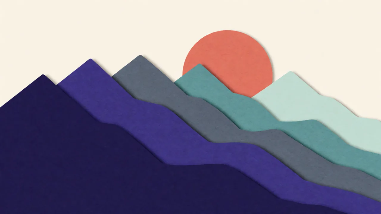A flat paper-cut poster illustration of layered mountains at sunset