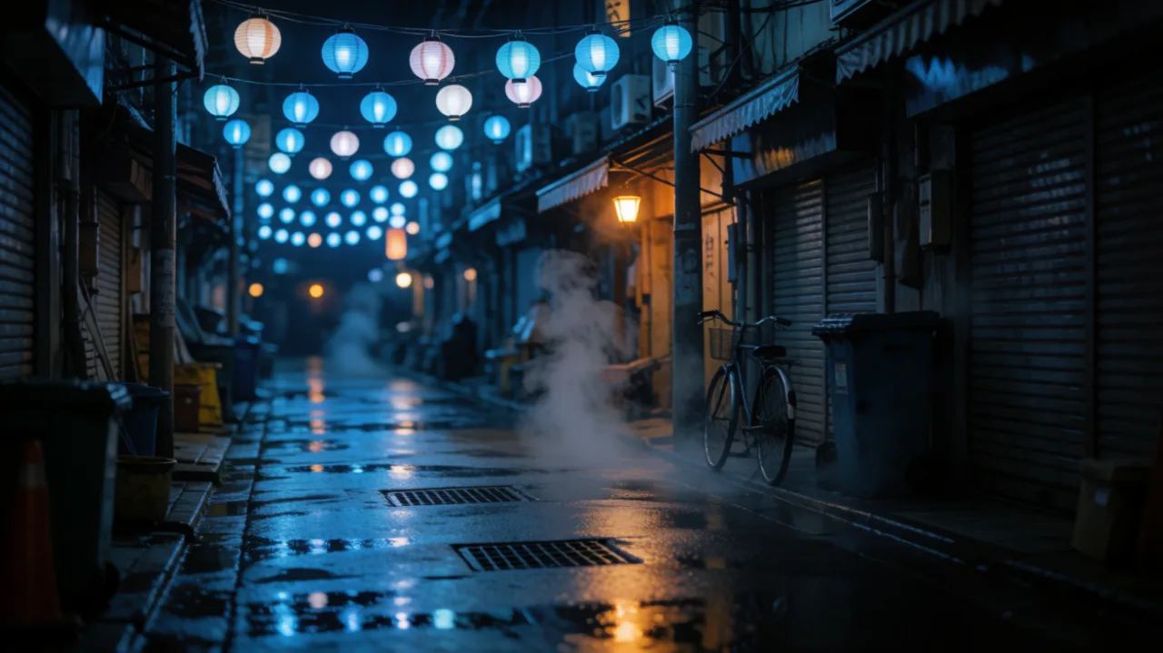 A rain-wet night alley strung with paper lanterns, steam rising beside a parked bicycle