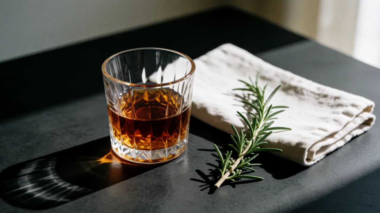 A photoreal still life of a cut-glass tumbler of amber liquid beside a linen cloth and a sprig of rosemary
