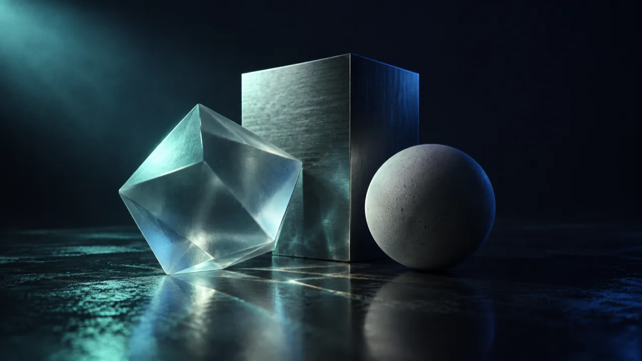 Ray-traced still life of a glass octahedron, a brushed metal block and a matte sphere