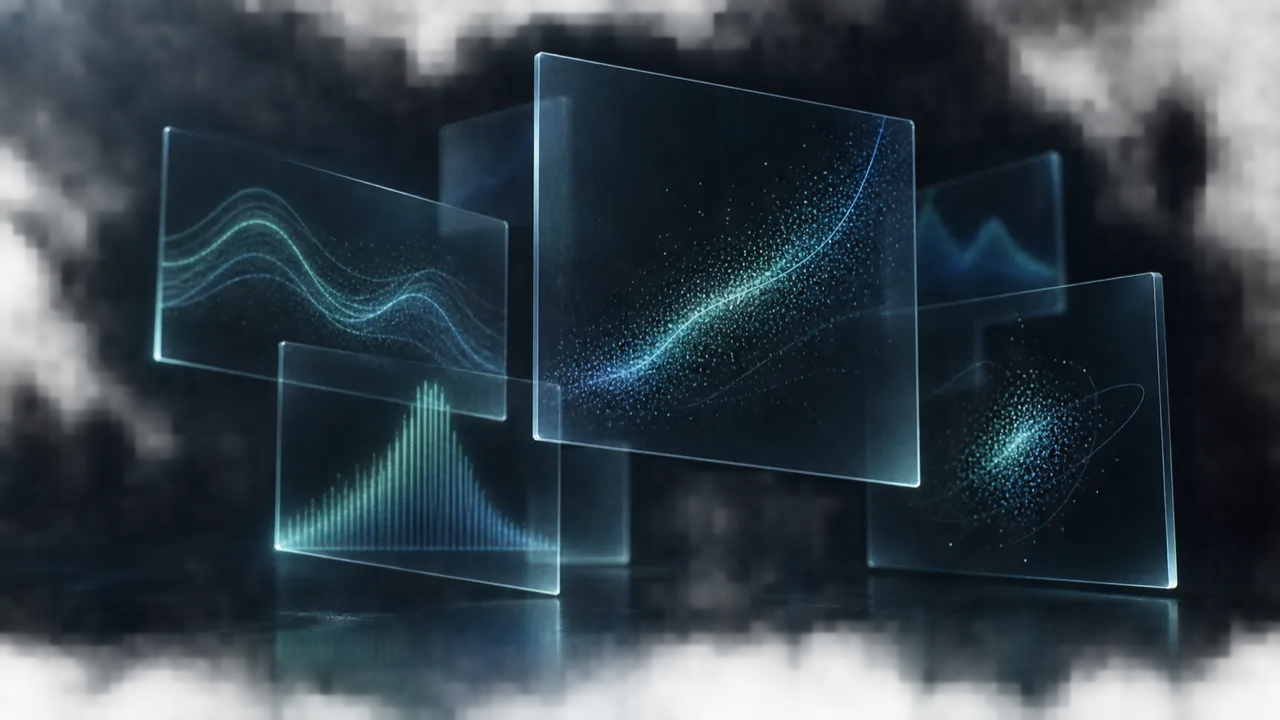 Floating glass panels showing plotted curves, point clouds and histograms
