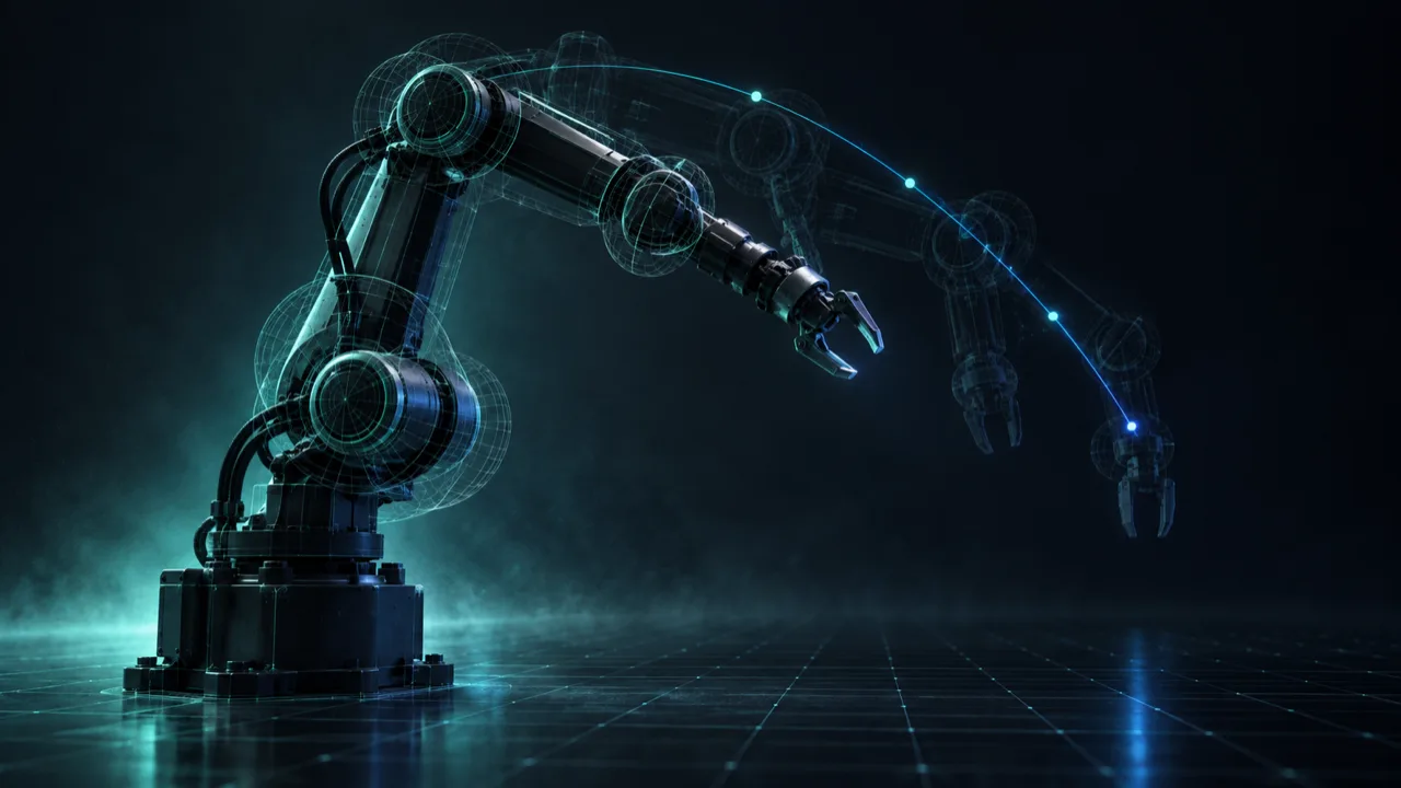 A robotic arm with wireframe overlays tracing its motion path across a grid floor